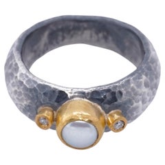 Hammered Silver Ring with Pearl and Diamonds, 24kt Gold and Sterling Silver