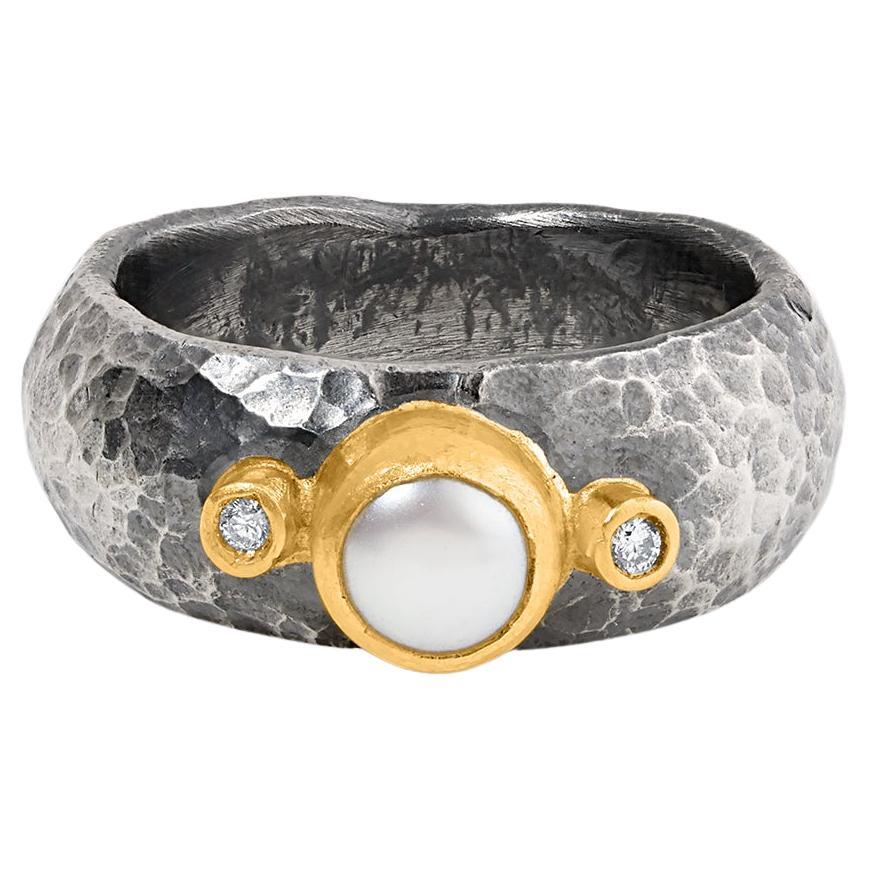 Hammered Silver Ring with Pearl and Diamonds, 24kt Gold and Sterling Silver