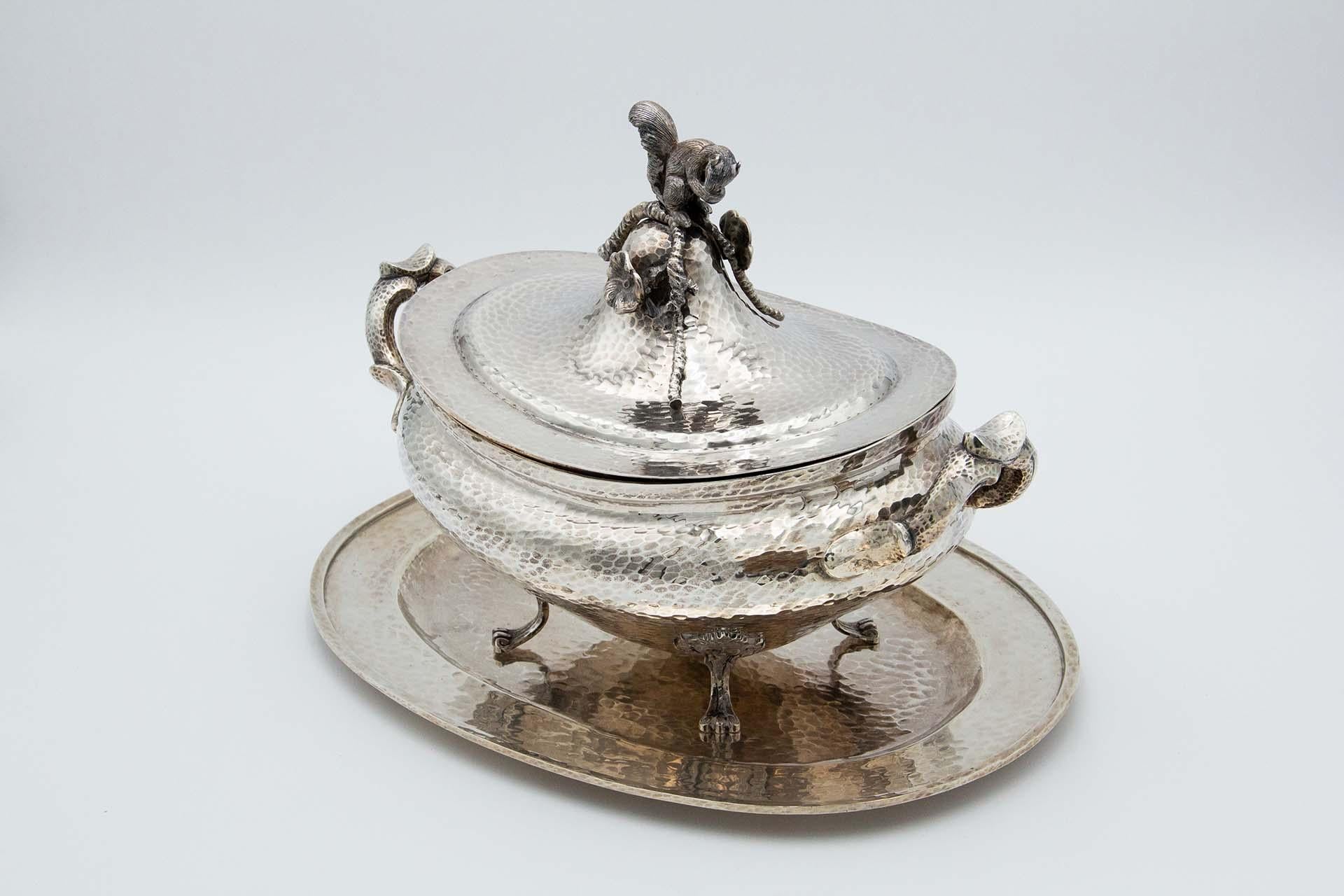 Hammered silver tureen with tray