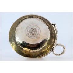 Hammered silver wine taster cup with snake handle & coin center
