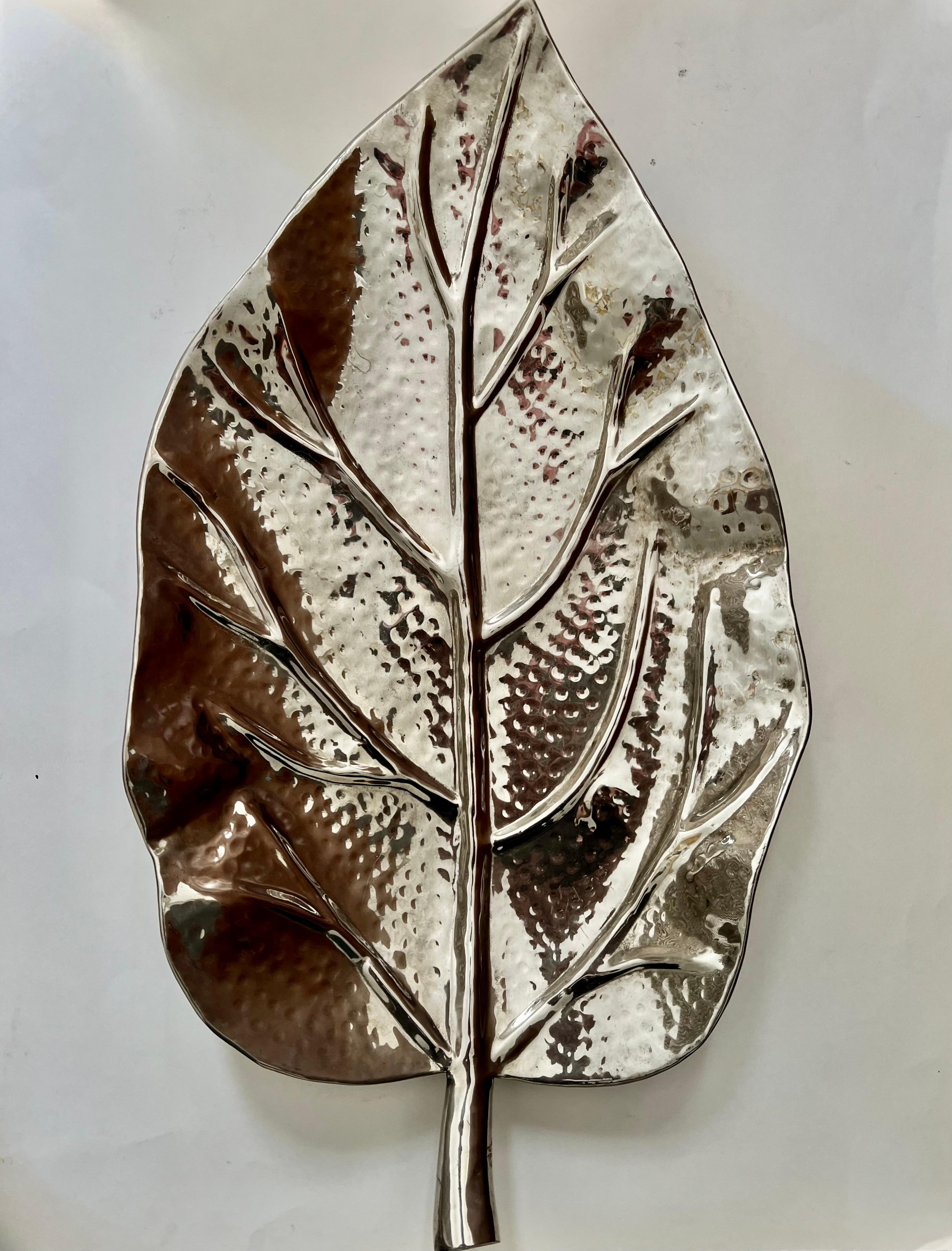 Mid-Century Modern Hammered Silverplate Leaf Serving or Decorative Piece For Sale