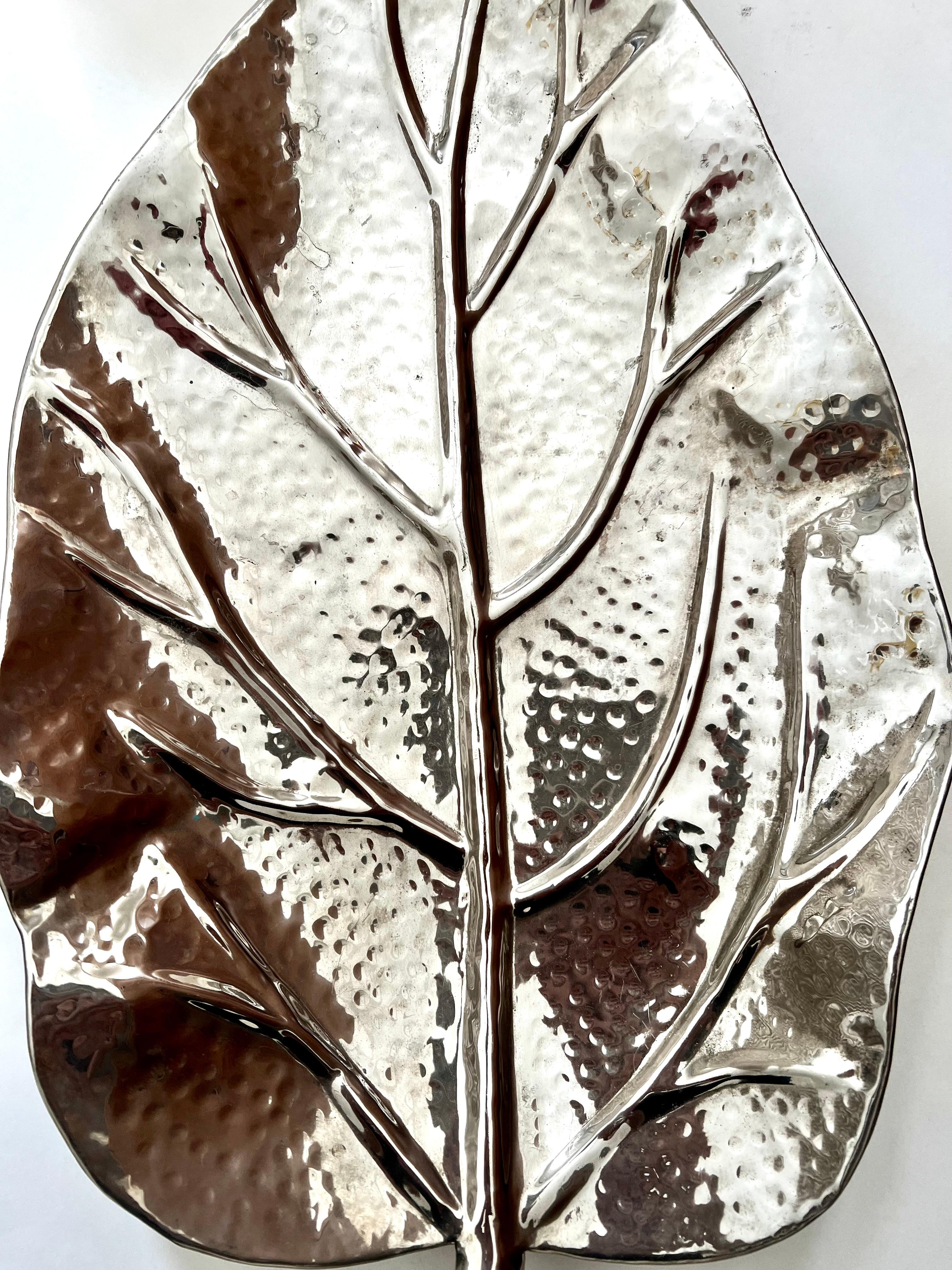 20th Century Hammered Silverplate Leaf Serving or Decorative Piece For Sale