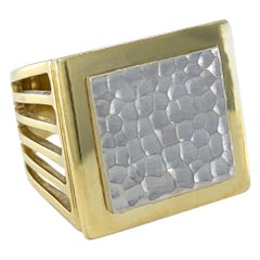 Hammered Square Signet Ring in 18 Karat White and Yellow Gold, circa 1980