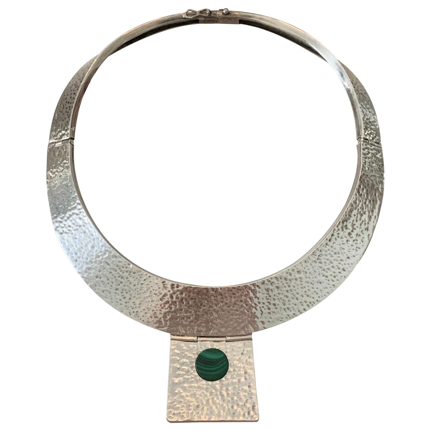 Hammered Sterling Cuff Choker Necklace with Malachite