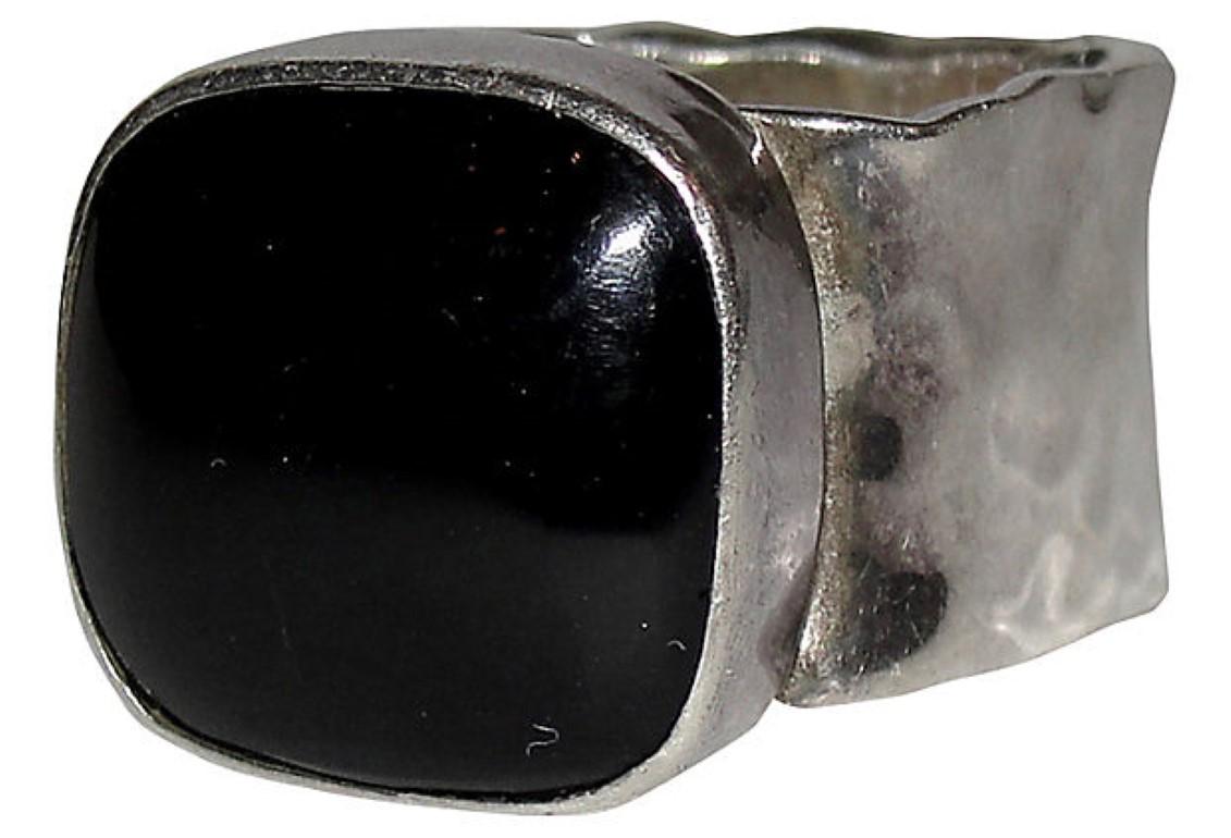 Contemporary Hammered Sterling Silver and Black Onyx Cabochon Square Ring For Sale