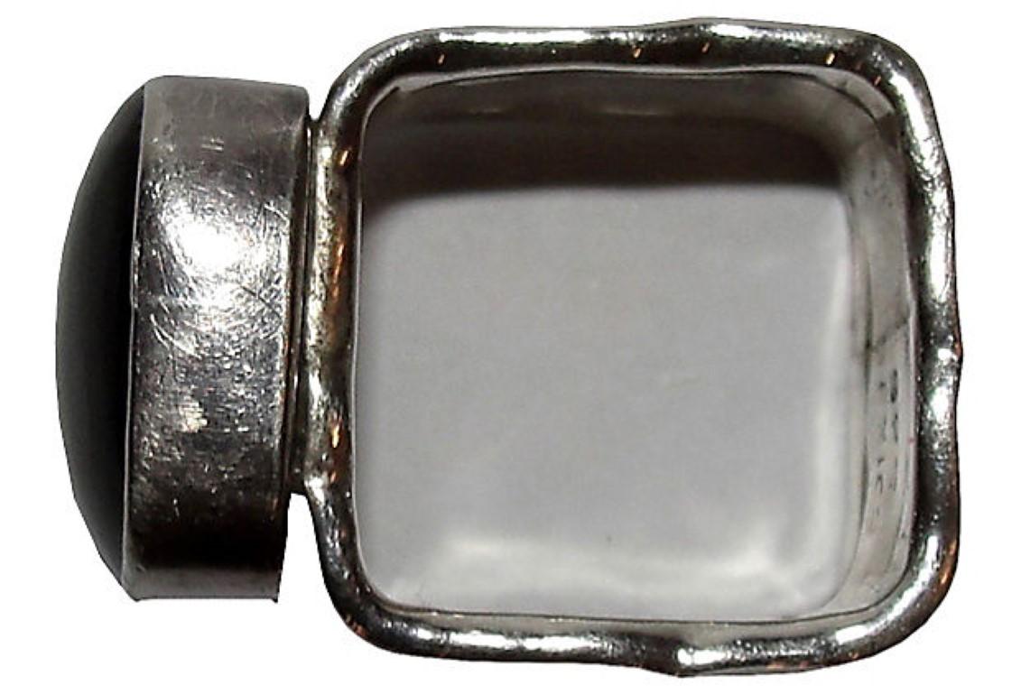 Women's or Men's Hammered Sterling Silver and Black Onyx Cabochon Square Ring For Sale