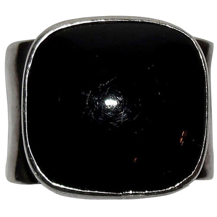 Hammered Sterling Silver and Black Onyx Cabochon Square Ring For Sale