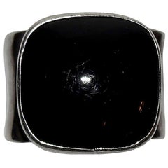 Vintage Hammered Sterling Silver and Black Onyx Cabochon Square Ring