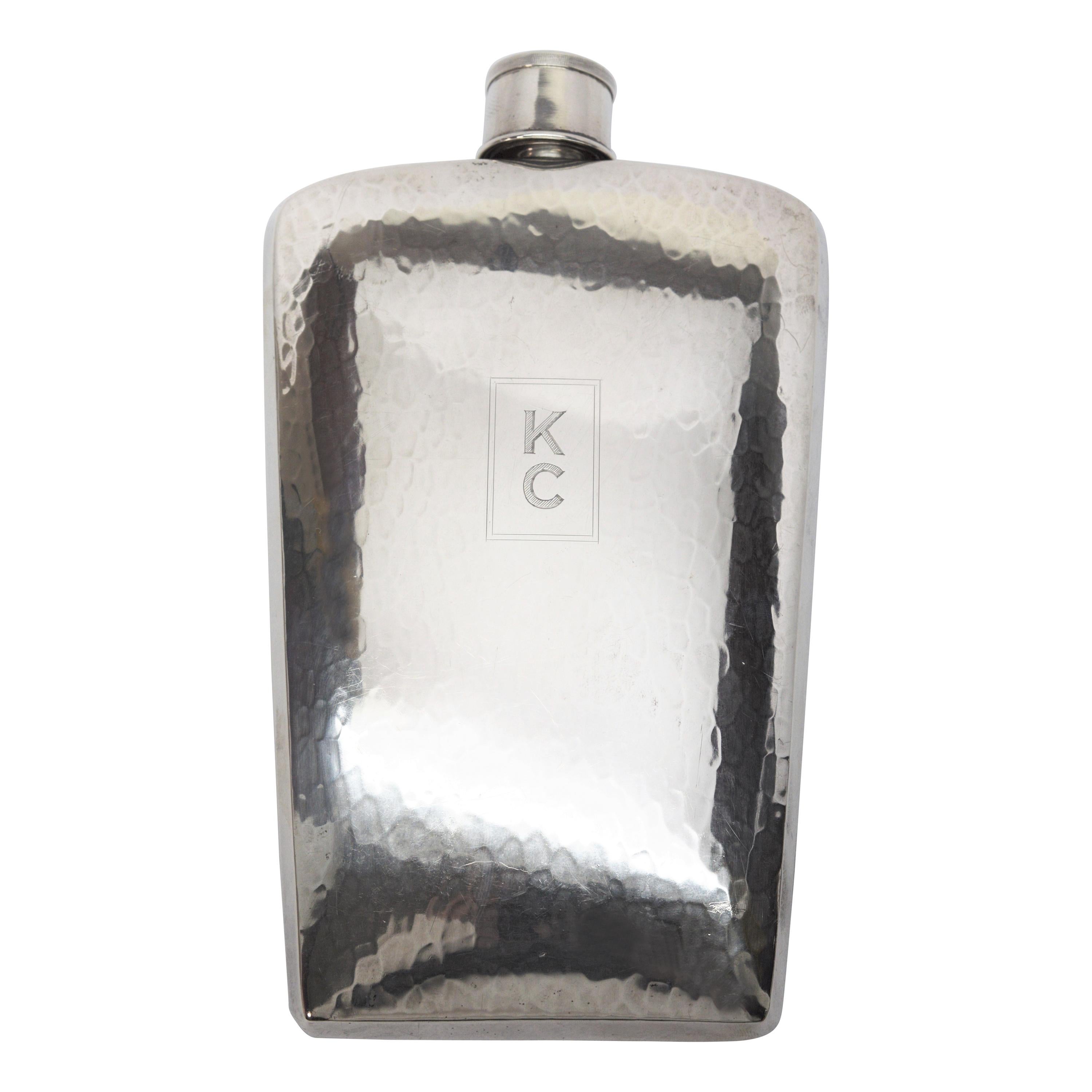 Hammered Sterling Silver Flask with Field Cup Cap For Sale