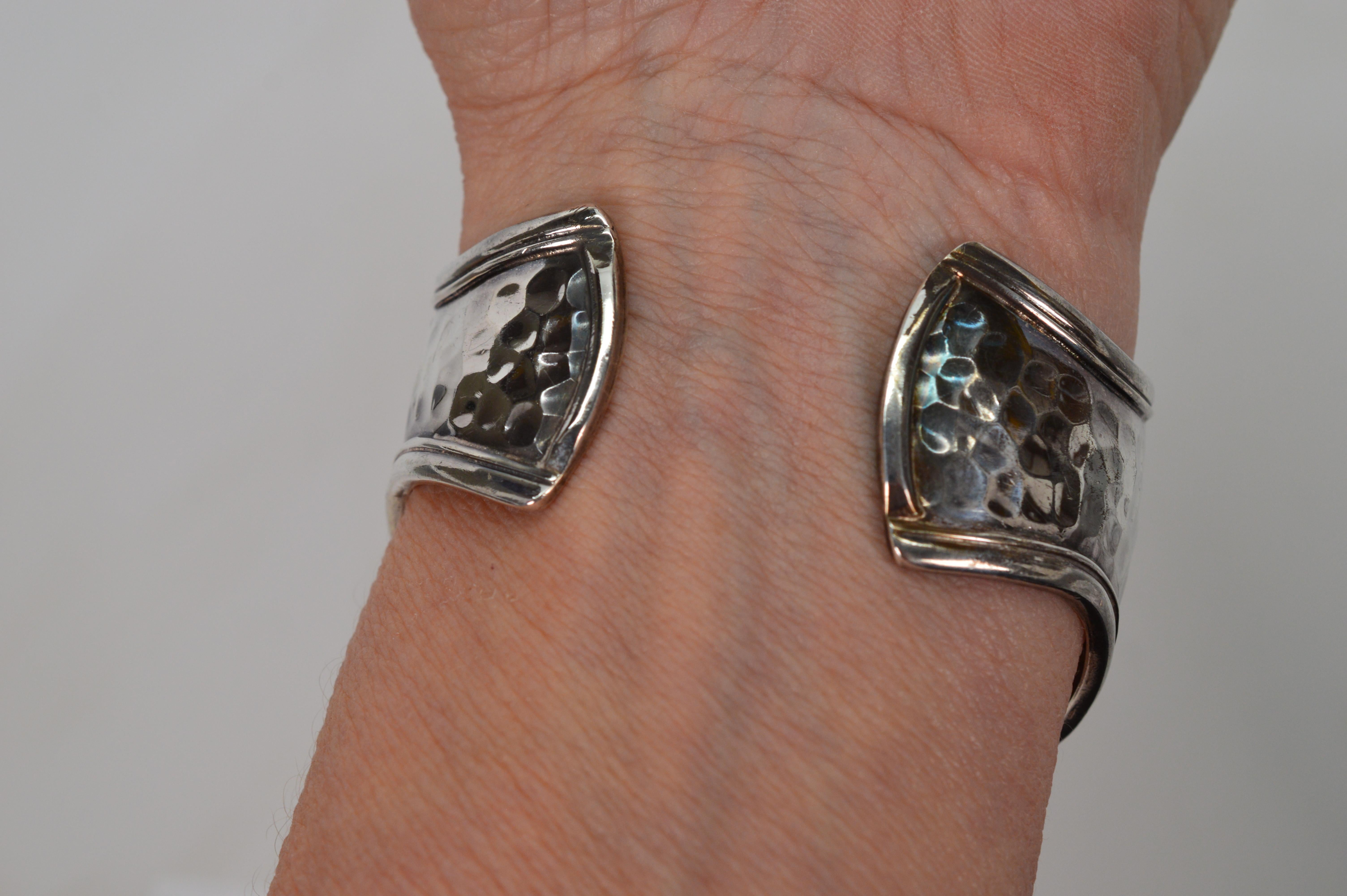 Cabochon Hammered Sterling Silver Jeweled Wide Cuff Bracelet For Sale