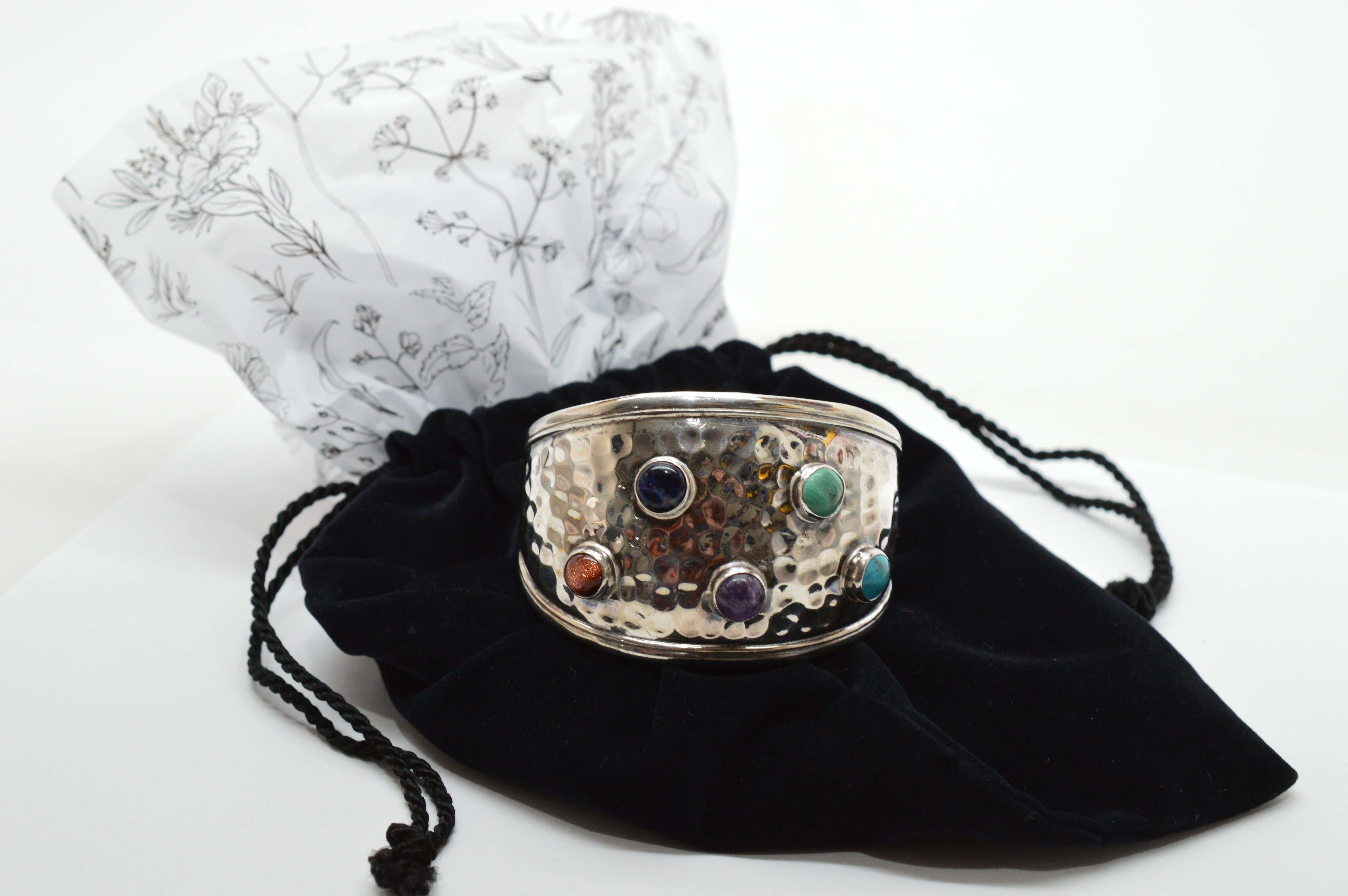 Hammered Sterling Silver Jeweled Wide Cuff Bracelet For Sale 1