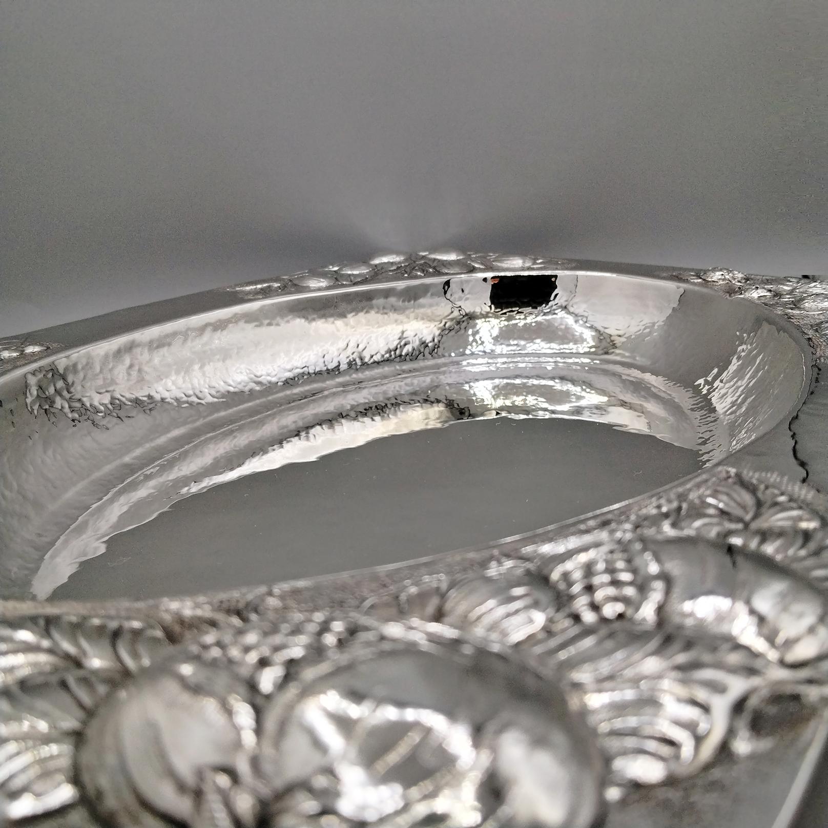 Hammered sterling silver rectangular centerpiece with embossed fruit corners For Sale 3