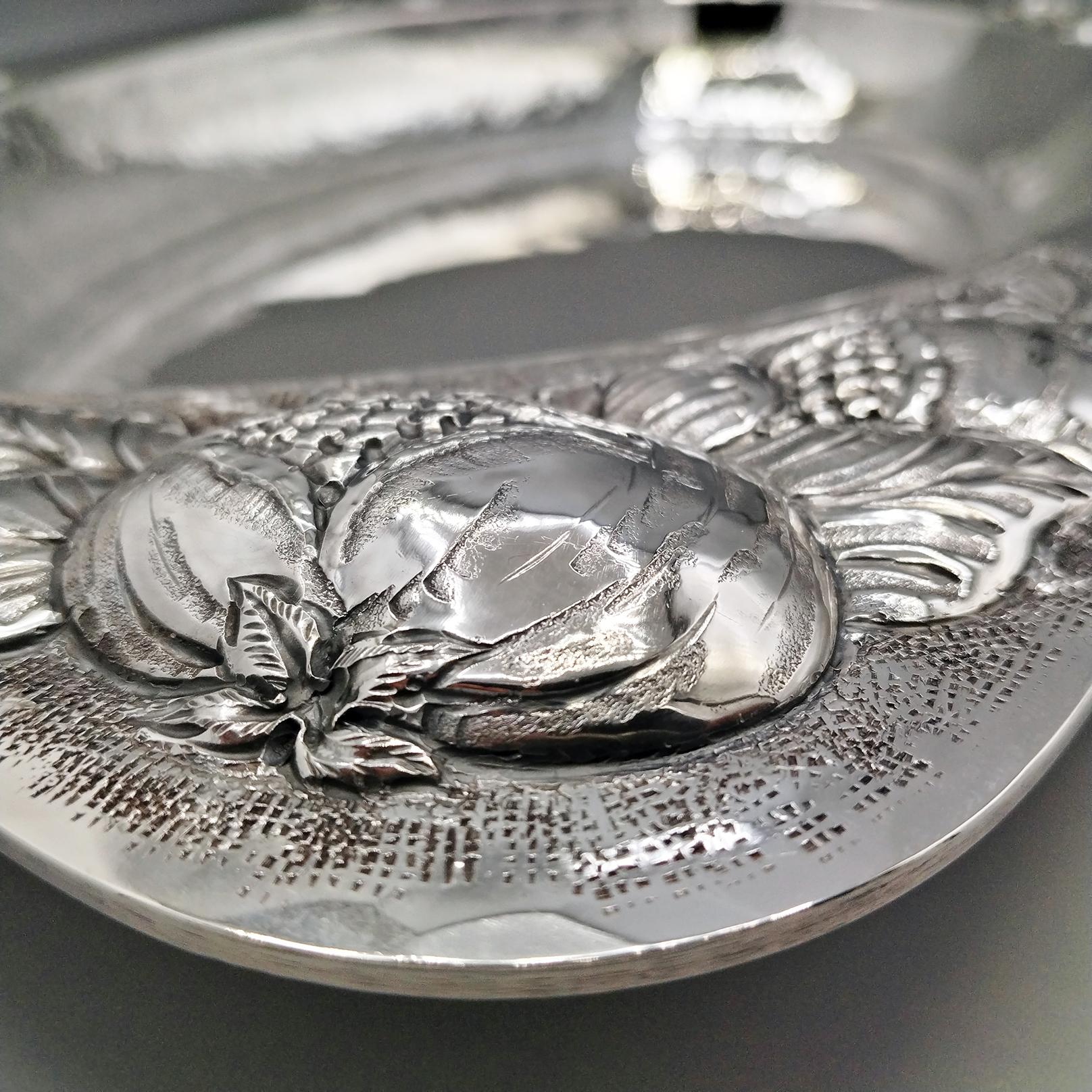 Hammered sterling silver rectangular centerpiece with embossed fruit corners For Sale 4