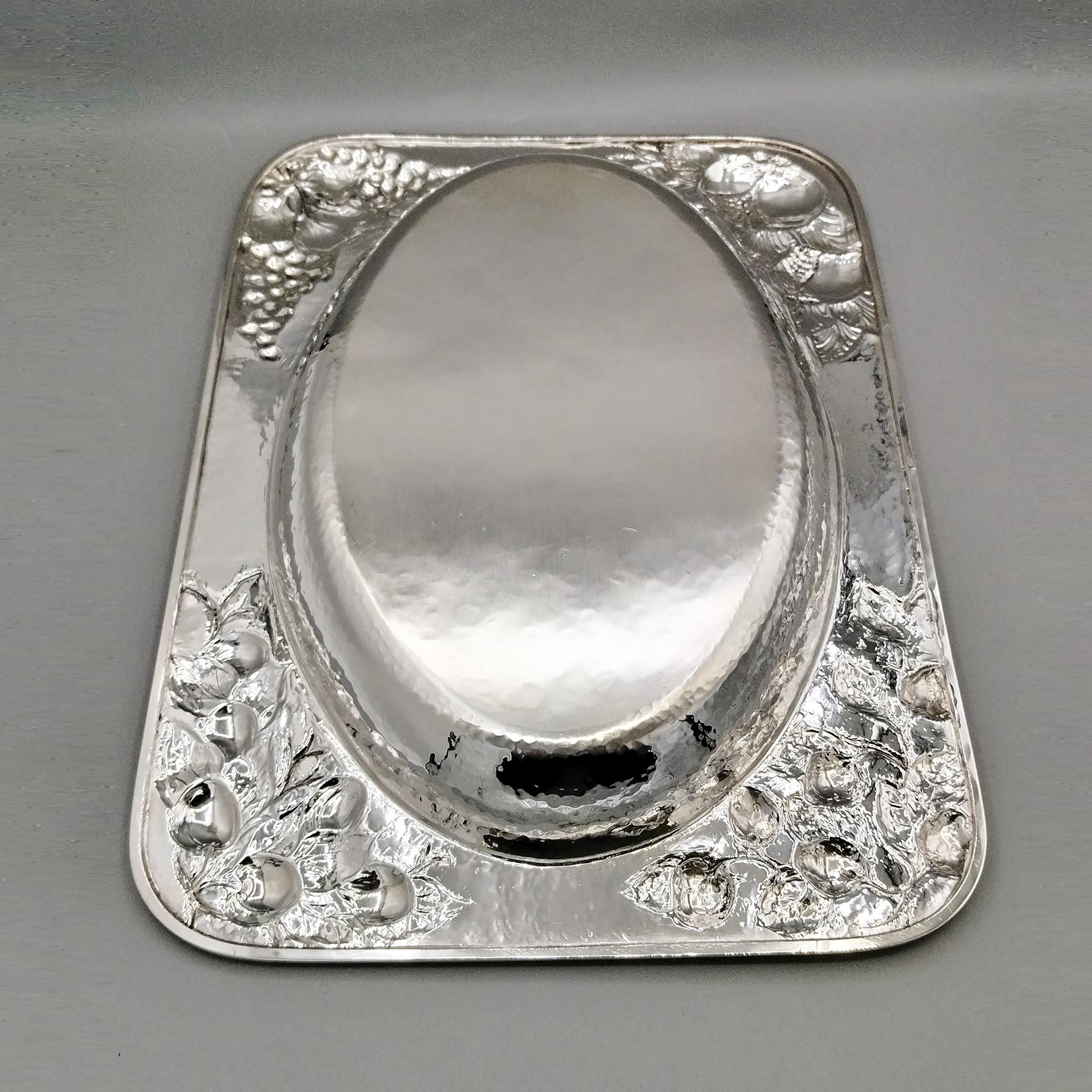 Hammered sterling silver rectangular centerpiece with embossed fruit corners For Sale 7