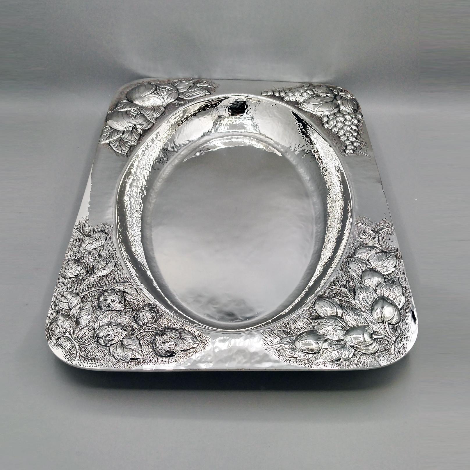 Other Hammered sterling silver rectangular centerpiece with embossed fruit corners For Sale