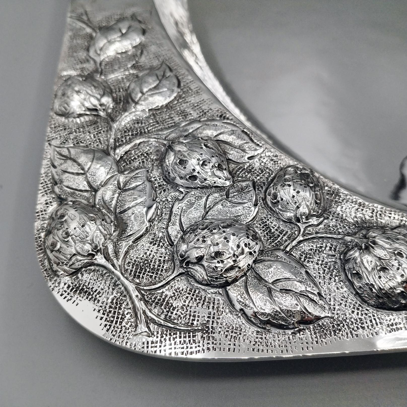 Italian Hammered sterling silver rectangular centerpiece with embossed fruit corners For Sale
