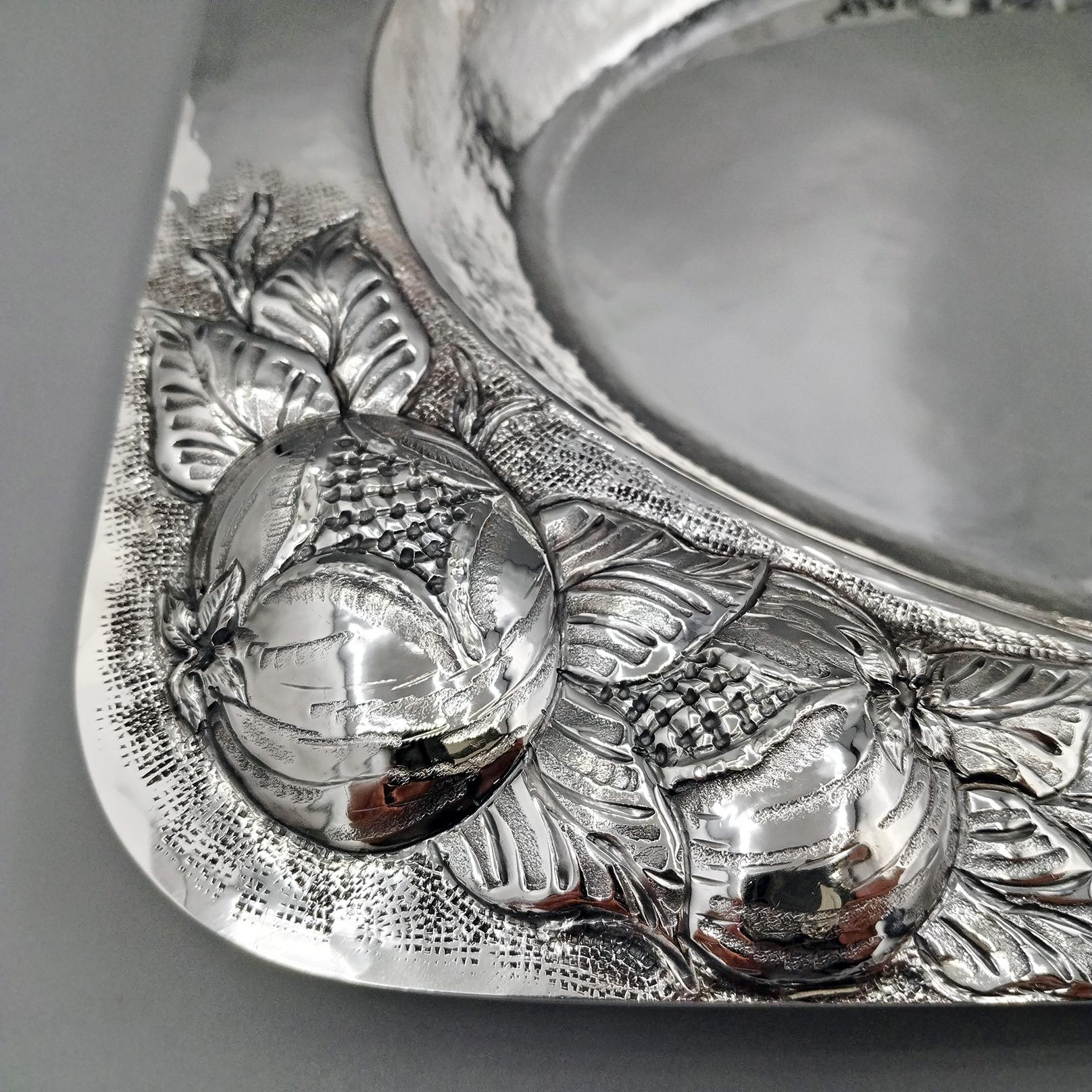 Late 20th Century Hammered sterling silver rectangular centerpiece with embossed fruit corners For Sale