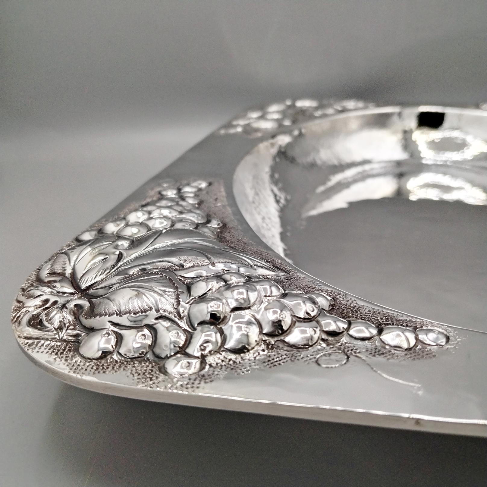 Sterling Silver Hammered sterling silver rectangular centerpiece with embossed fruit corners For Sale