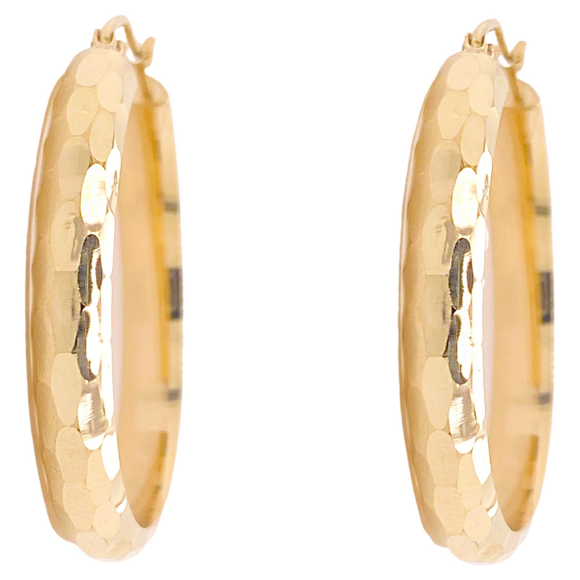 Hammered Style Hoops, Diamond Cut Hoop Earrings, 14K Yellow Gold