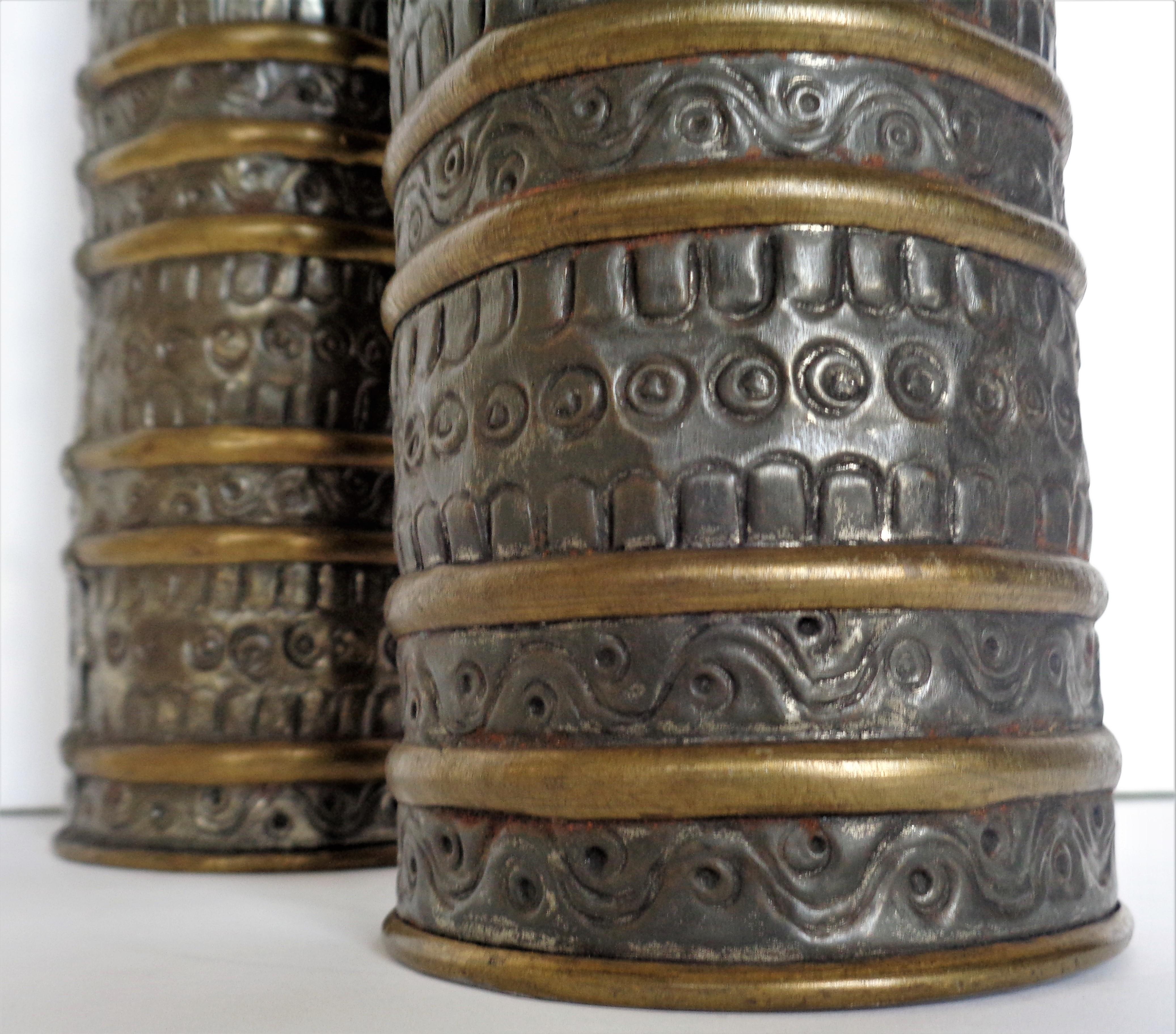 Hammered Tin and Brass Candle Holders by Gene Byron, Mexico, Circa 1950 In Good Condition In Rochester, NY