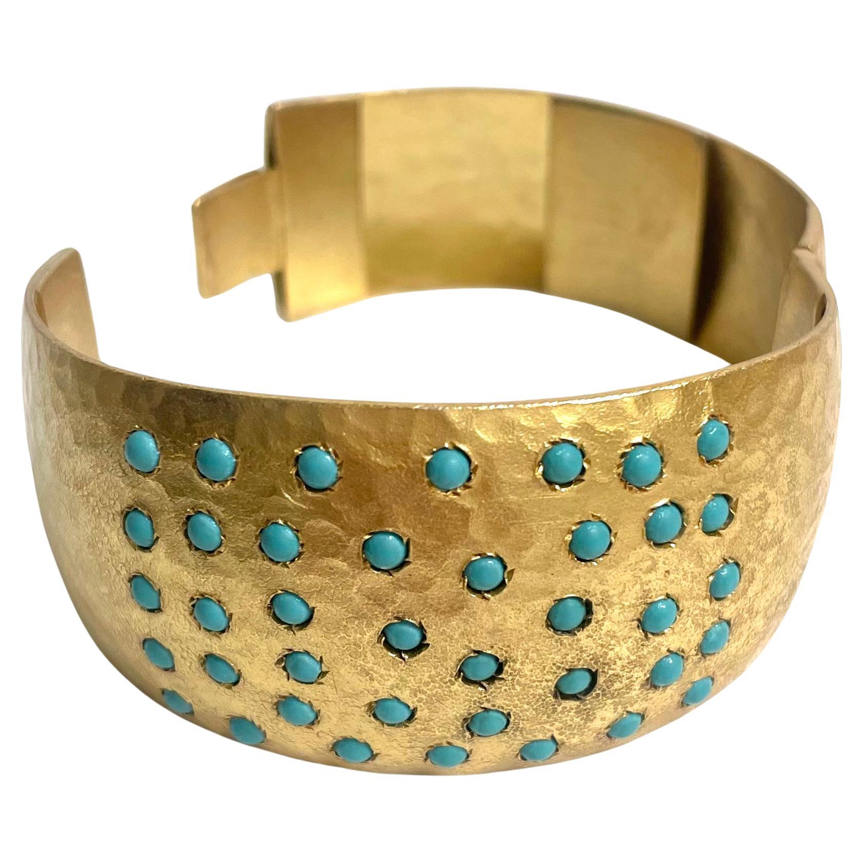 Hammered Vermeil with Turquoise Paradizia Cuff Bracelet In New Condition For Sale In Laguna Beach, CA