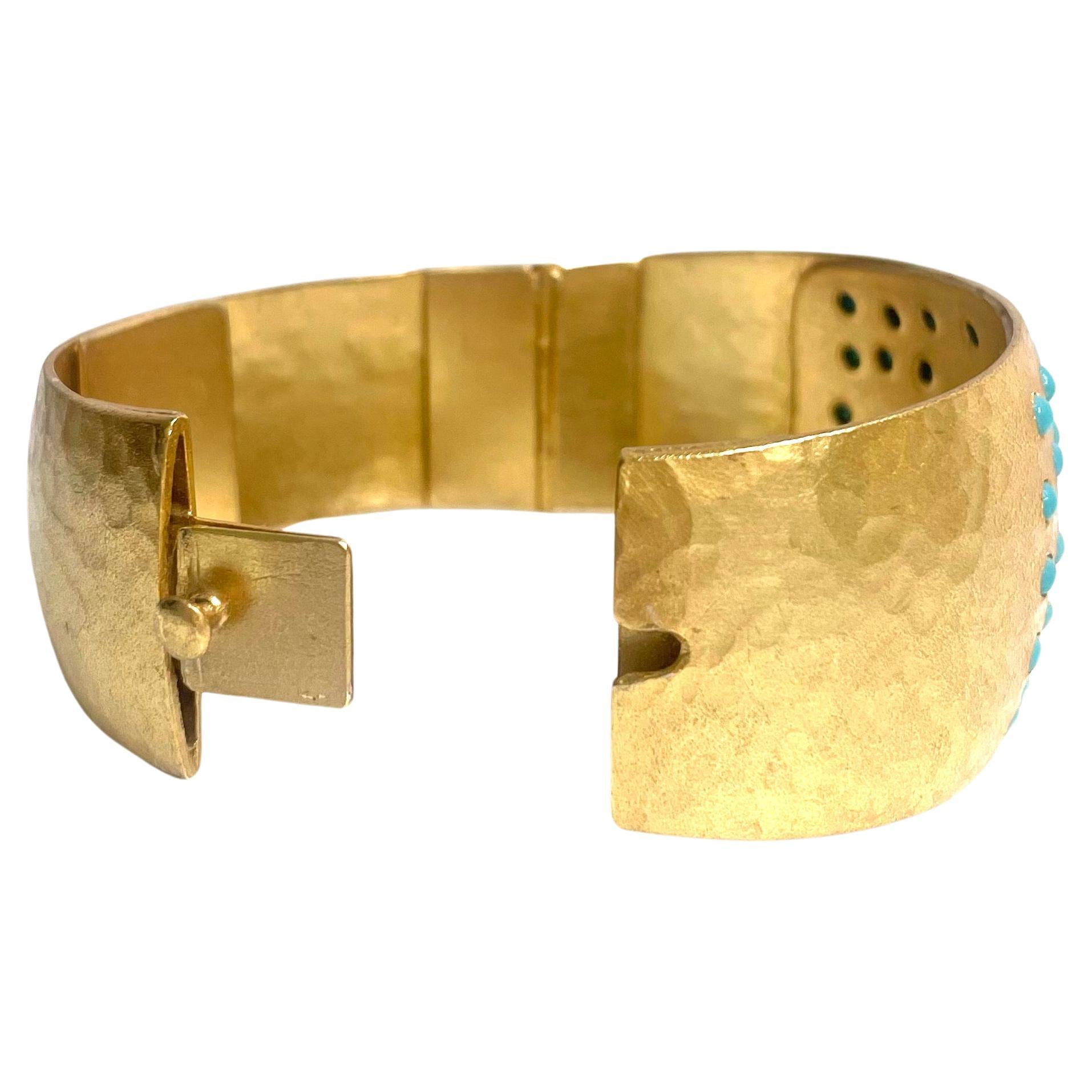 Hammered Vermeil with Turquoise Paradizia Cuff Bracelet For Sale 1