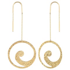 Hammered Wave Threader Earrings in 14K Solid Yellow Gold