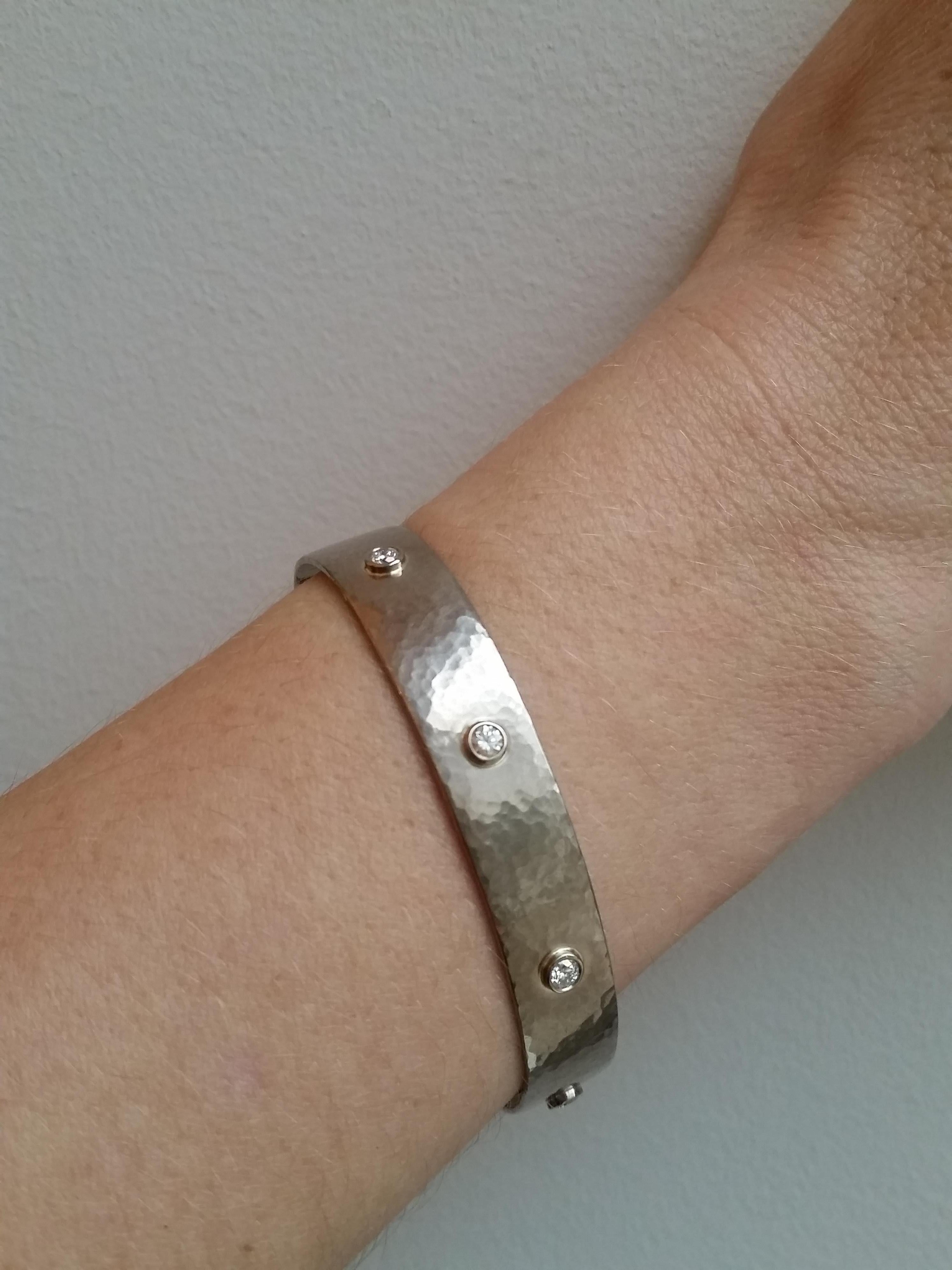 Contemporary Hammered White Gold Cuff with Diamonds