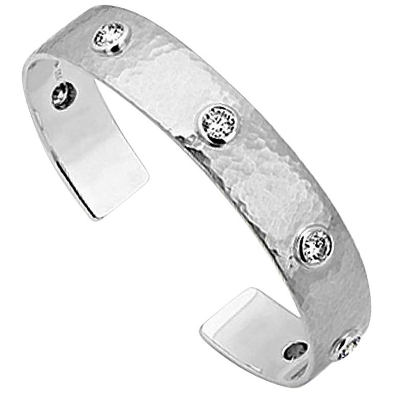 Hammered White Gold Cuff with Diamonds