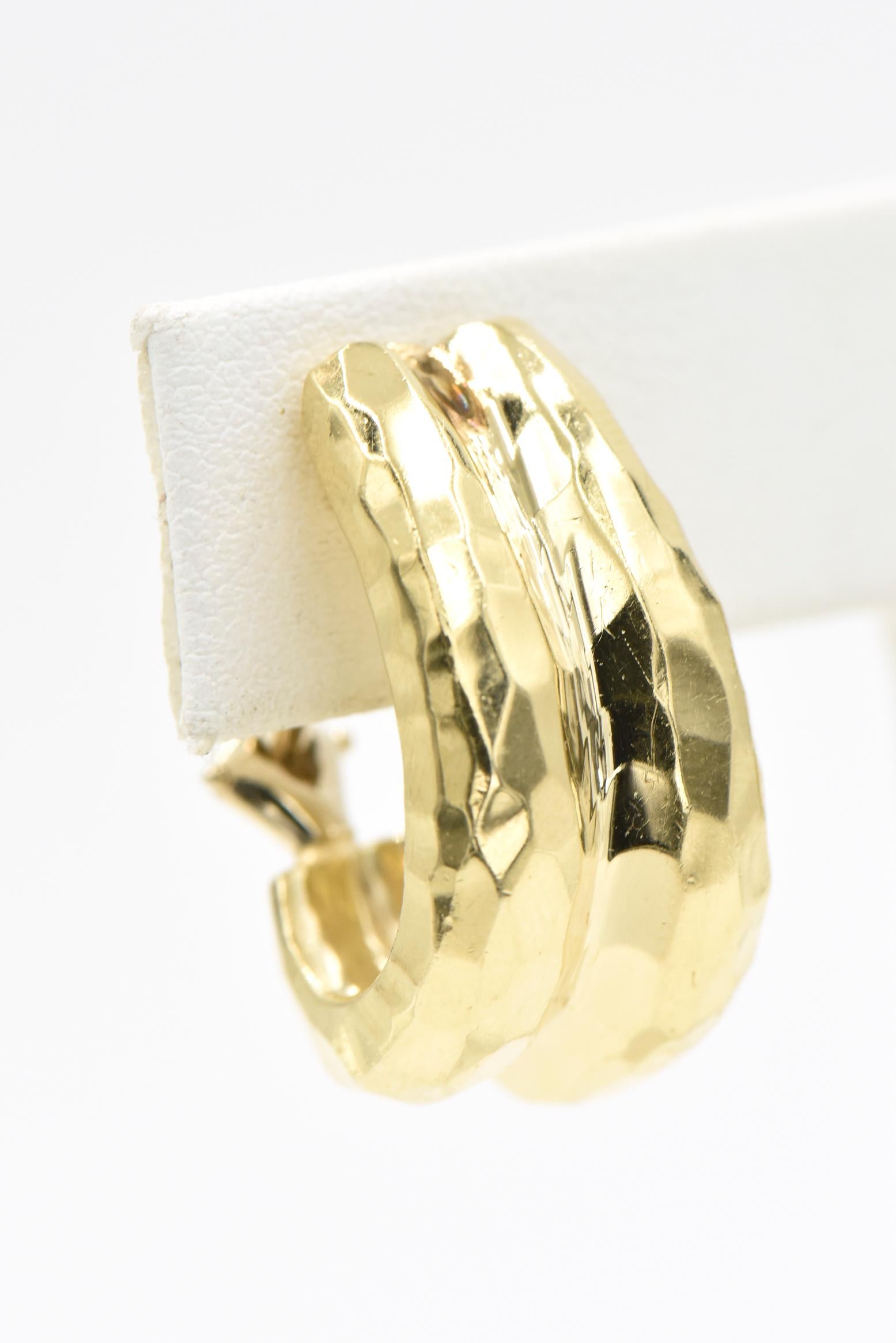 Stylized double wide three dimensional hammered to look like facets 14k yellow gold hoop earrings by Rotkel.  Hinged back clip ons with NO post.

Signed Rotkel 14k