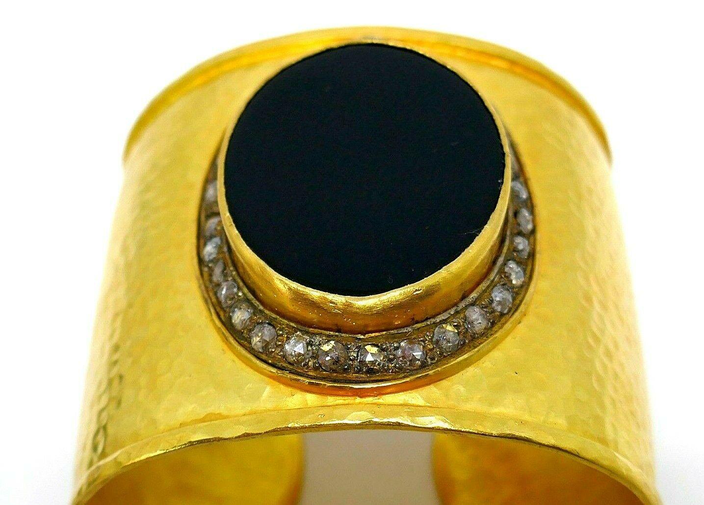 Hammered Yellow Gold Diamond Onyx Cuff Bracelet For Sale 3
