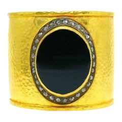 Vintage Hammered Yellow Gold Diamond Onyx Cuff Bracelet