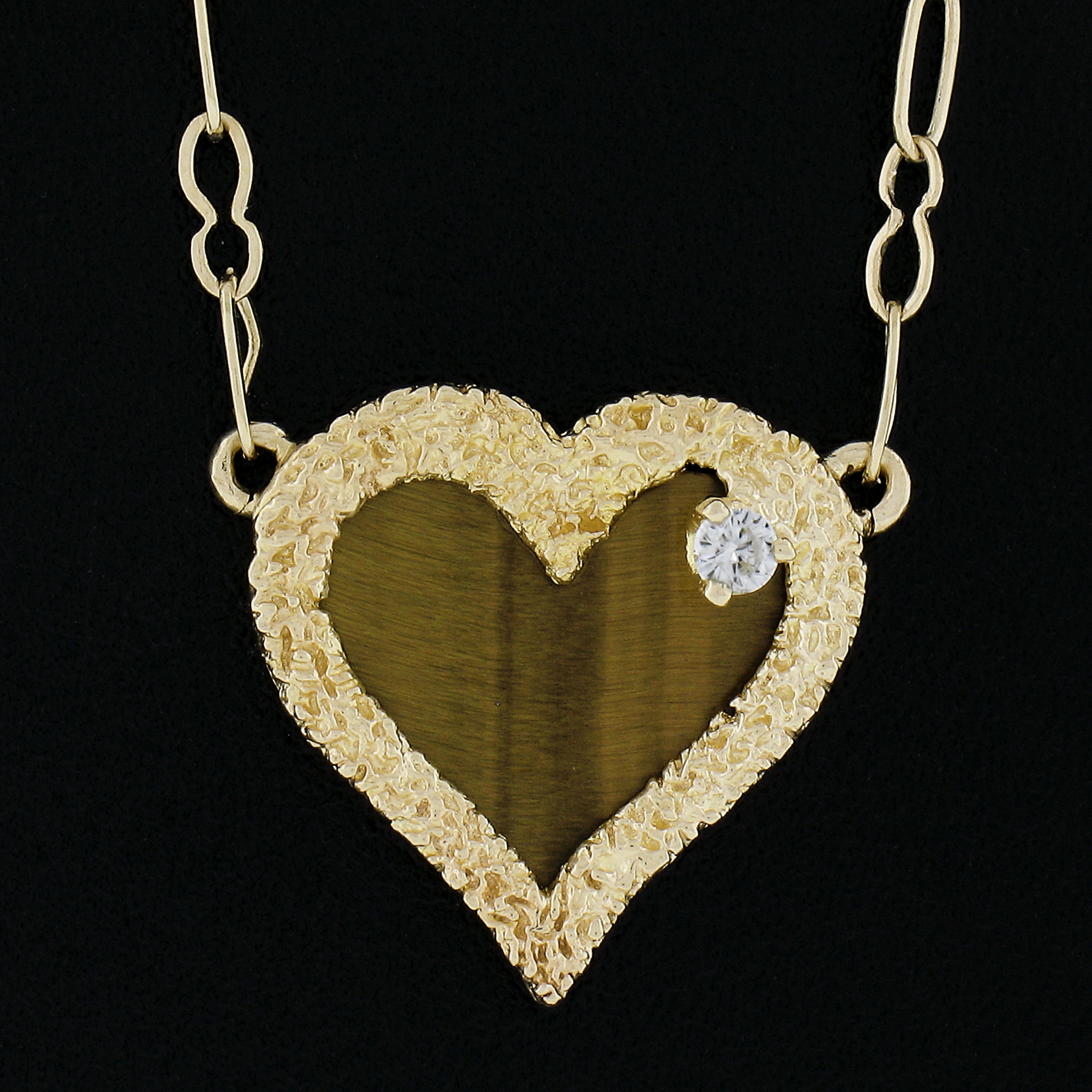 Hammerman Bros 14K Gold Tigerauge Diamant Herz Texturierter Anhänger 15