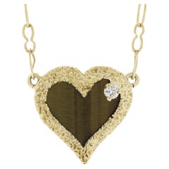 Hammerman Bros 14K Gold Tigers Eye Diamond Heart Textured Pendant 15" Necklace