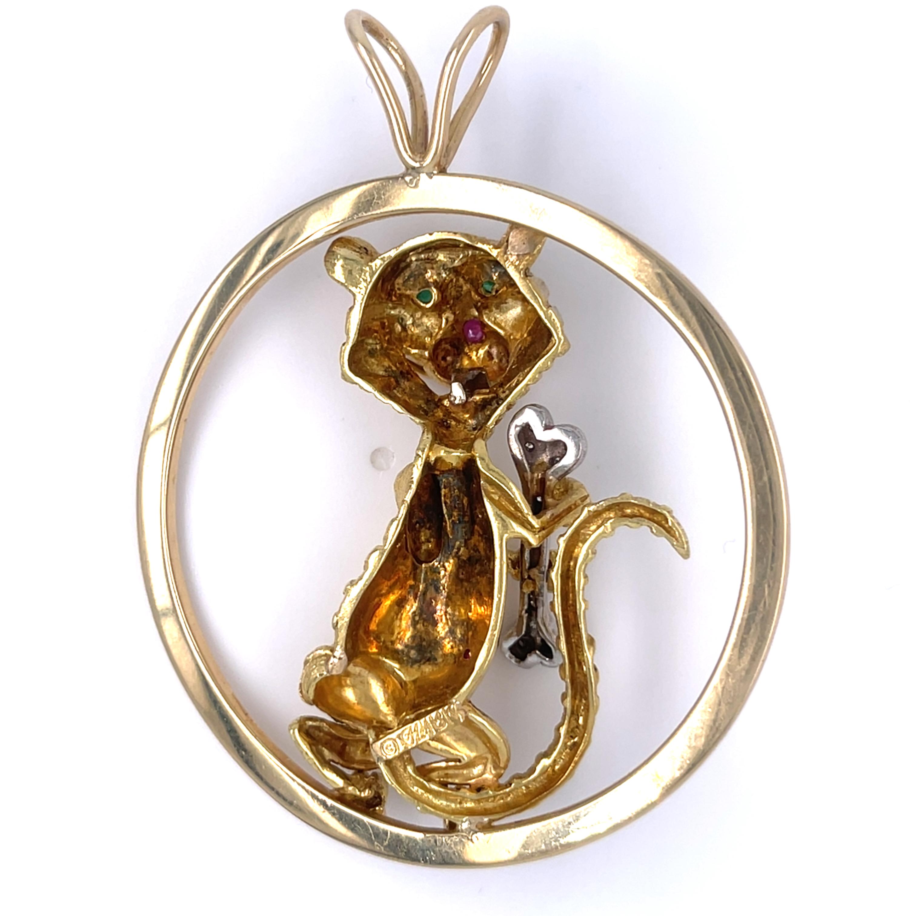 Hammerman Bros 18k Gold Emerald Ruby and .15ct Diamond Mouse Pendant 2-5/8