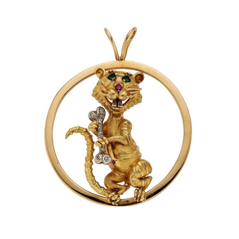 Hammerman Bros 18k Gold Emerald Ruby and .15ct Diamond Mouse Pendant 2-5/8