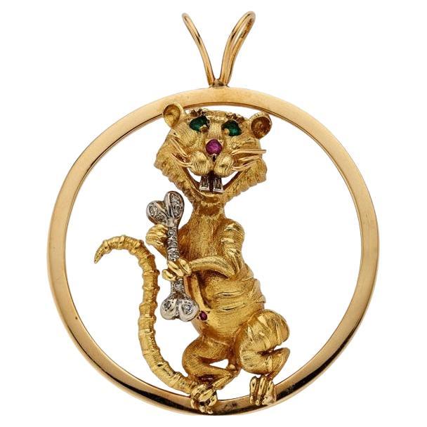 Hammerman Bros 18k Gold Emerald Ruby and .15ct Diamond Mouse Pendant 2-5/8" 35g