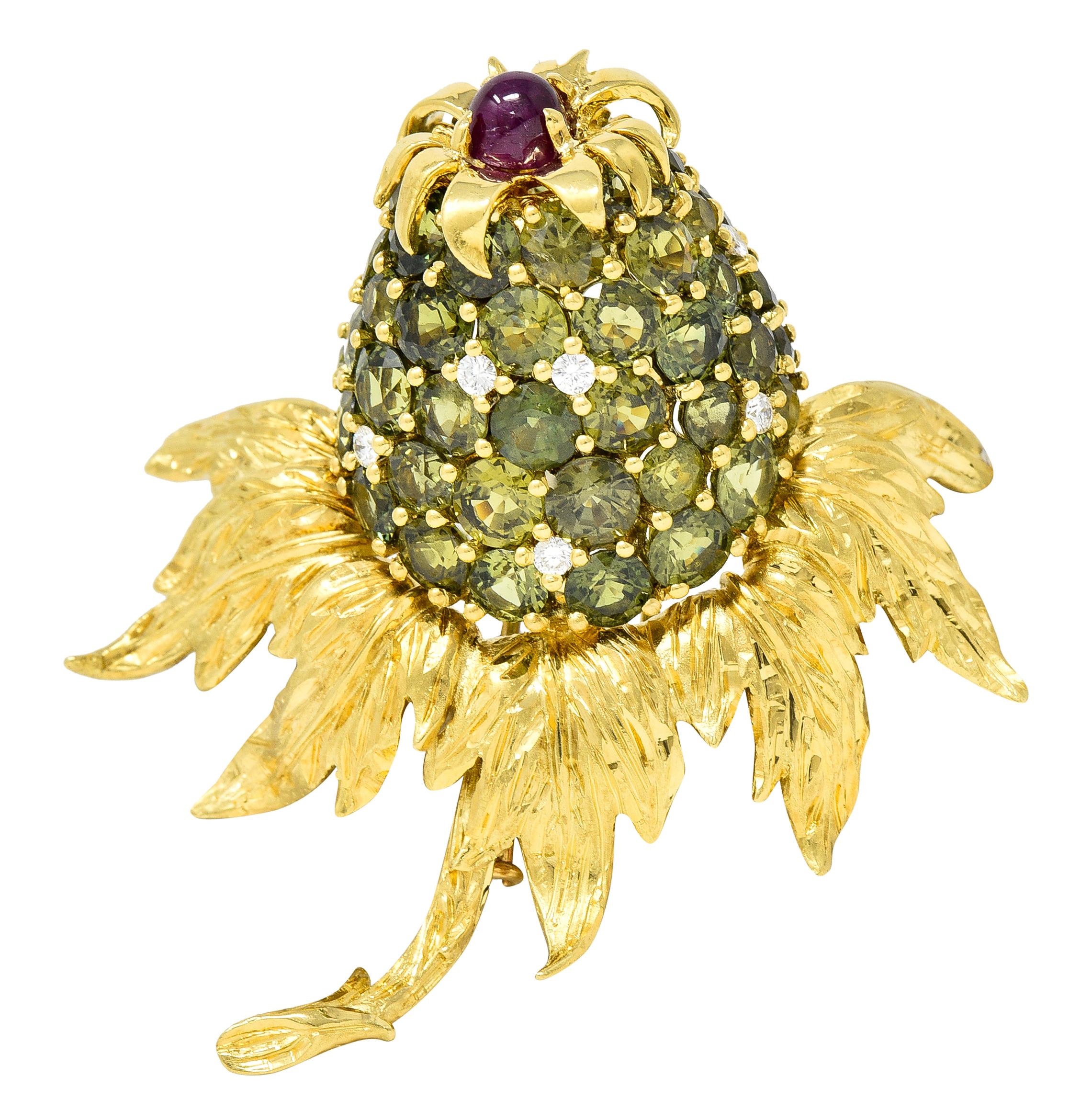 Women's or Men's Hammerman Bros. 19.10 Carats Sapphire Ruby Diamond 18 Karat Gold Flower Brooch