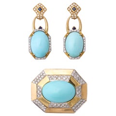 Hammerman Bros 1960 Turquoise Pendant and Earclips Sapphire, Diamond Gold Suite