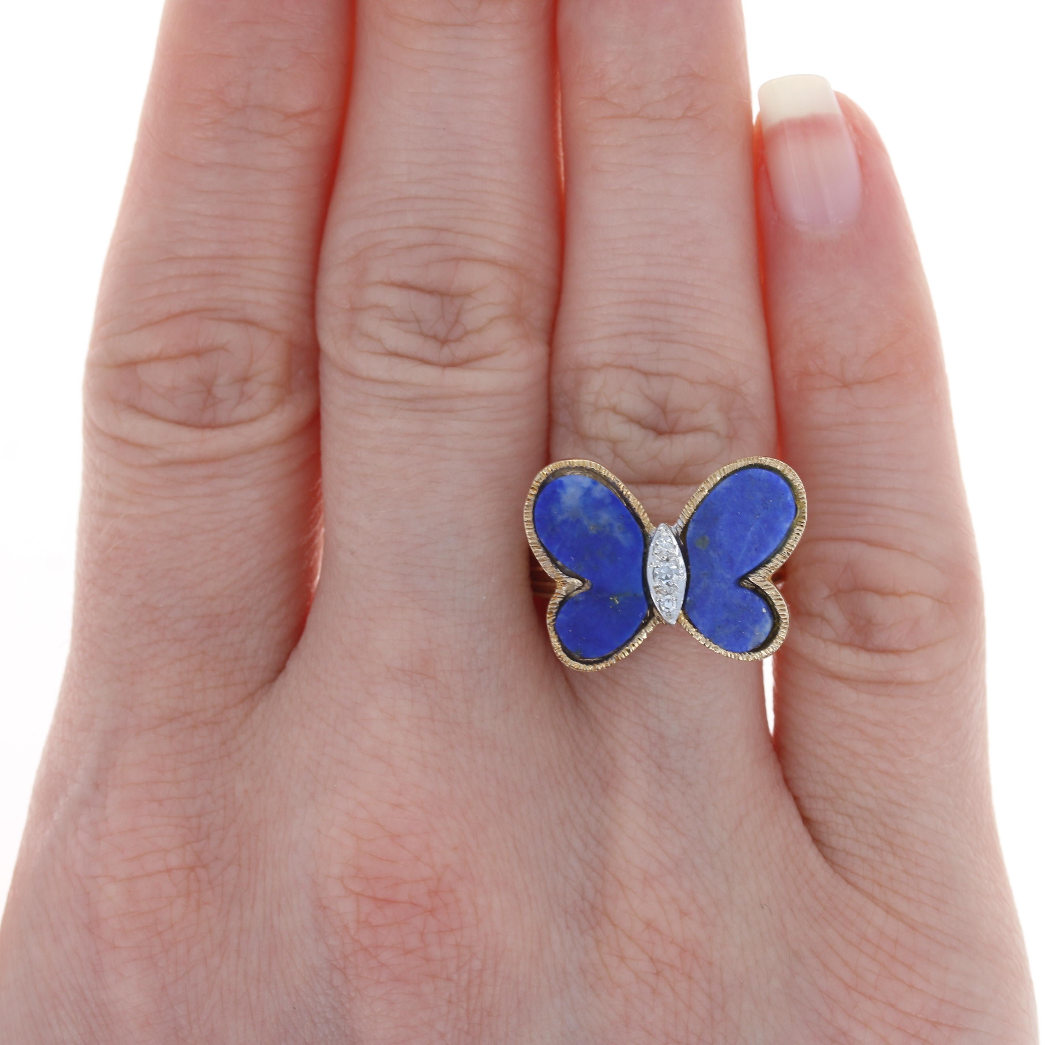 Size: 6 1/2
 Sizing Fee: Up or Down 1 size for $30
 
 Brand: Hammerman Brothers
 Design: Butterfly
 Era: Vintage
 
 Metal Content: 14k Yellow Gold & 14k White Gold
 
 Stone Information: 
 Genuine Lapis Lazuli
 Color: Blue
 
 Natural Diamonds
 Total