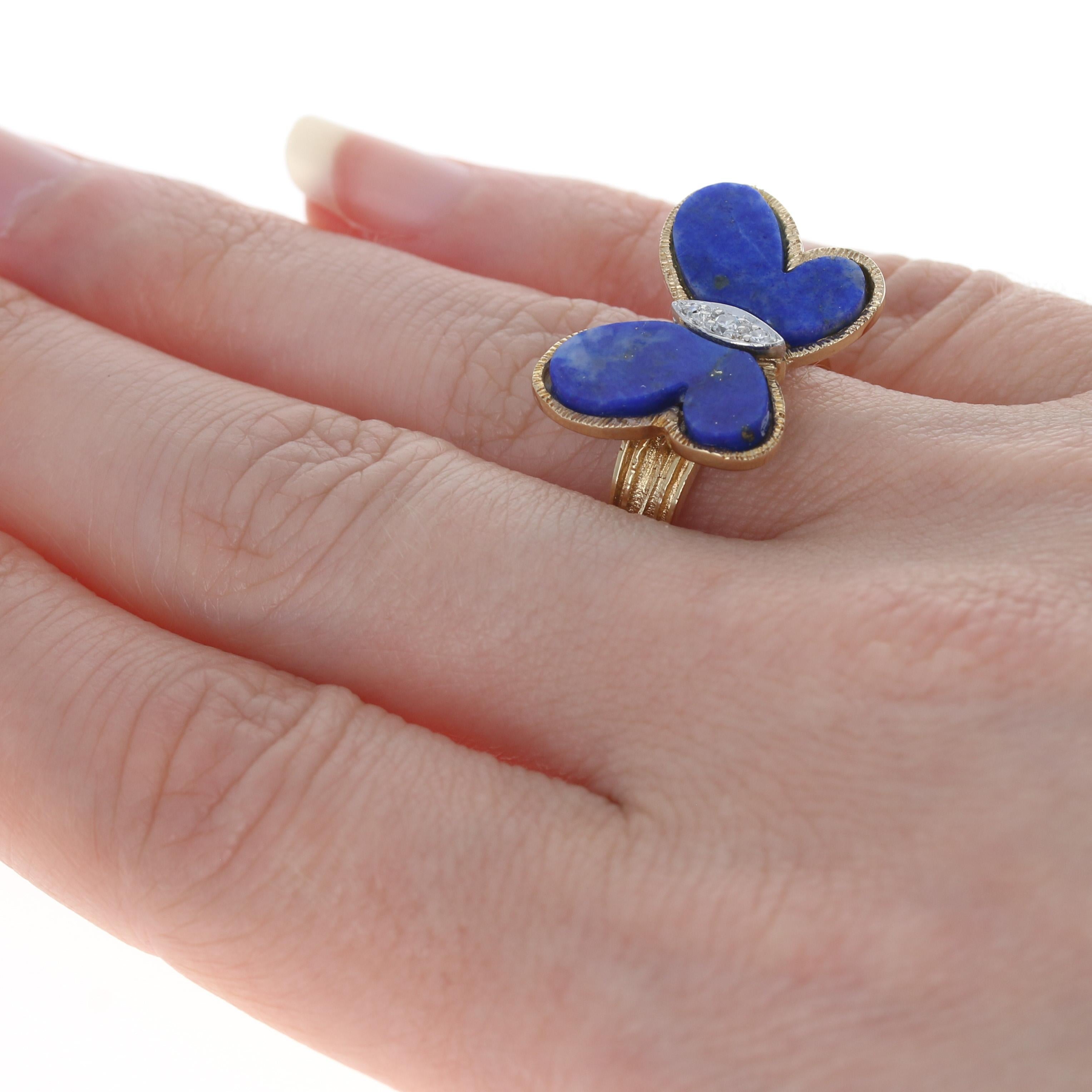 Uncut Hammerman Bros. Butterfly Lapis Lazuli & Diamond Vintage Ring Yellow Gold 14k