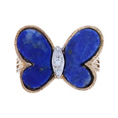 Hammerman Bros. Vintage-Ring, Schmetterling, Lapislazuli & Diamant, Gelbgold 14k