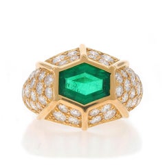 Hammerman Bros Esmeralda Diamante Anillo Vintage Oro Amarillo 18k Hexágono 4.15ctw AGL