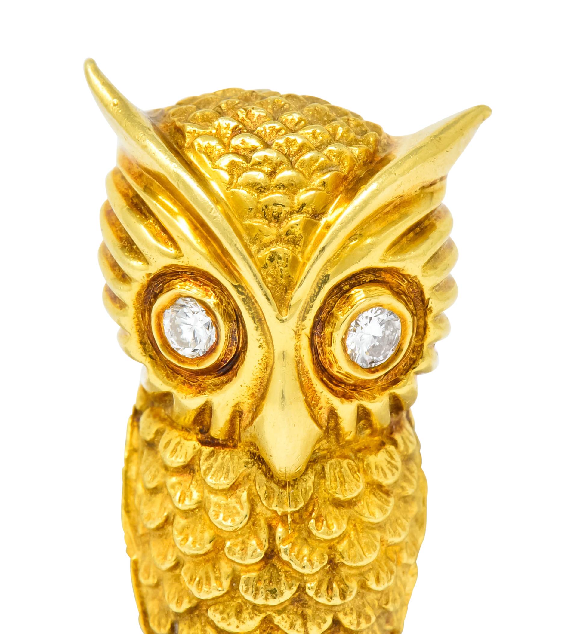 Hammerman Bros. French Diamond Platinum 18 Karat Gold Owl Vintage Brooch In Excellent Condition In Philadelphia, PA