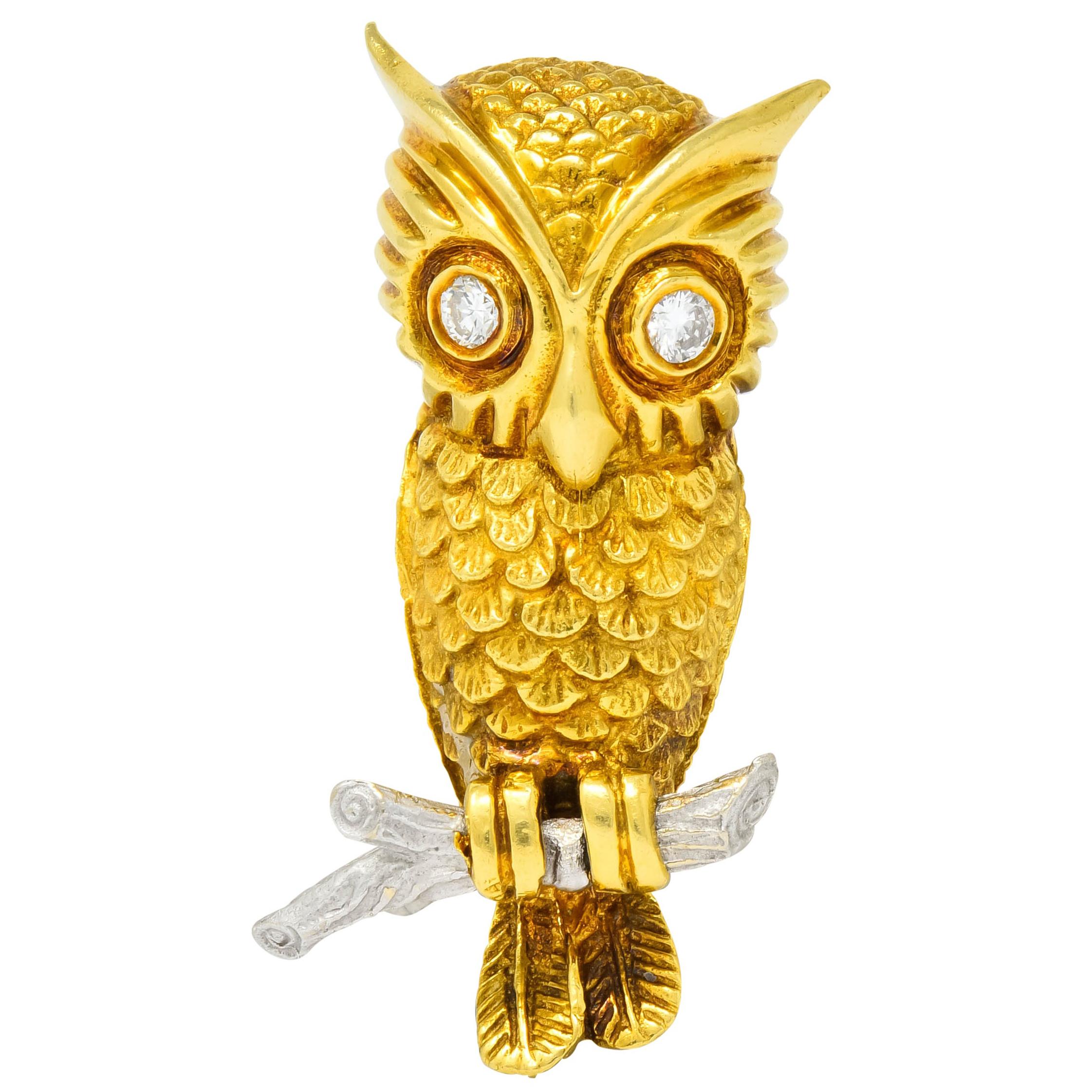 Hammerman Bros. French Diamond Platinum 18 Karat Gold Owl Vintage Brooch