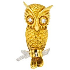Hammerman Bros. French Diamond Platinum 18 Karat Gold Owl Vintage Brooch