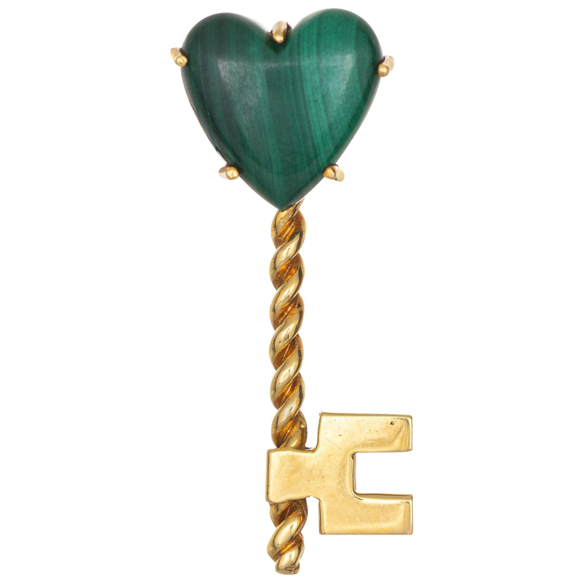 Hammerman Bros Malachite Heart Key Brooch Vintage 18 Karat Yellow Gold Jewelry