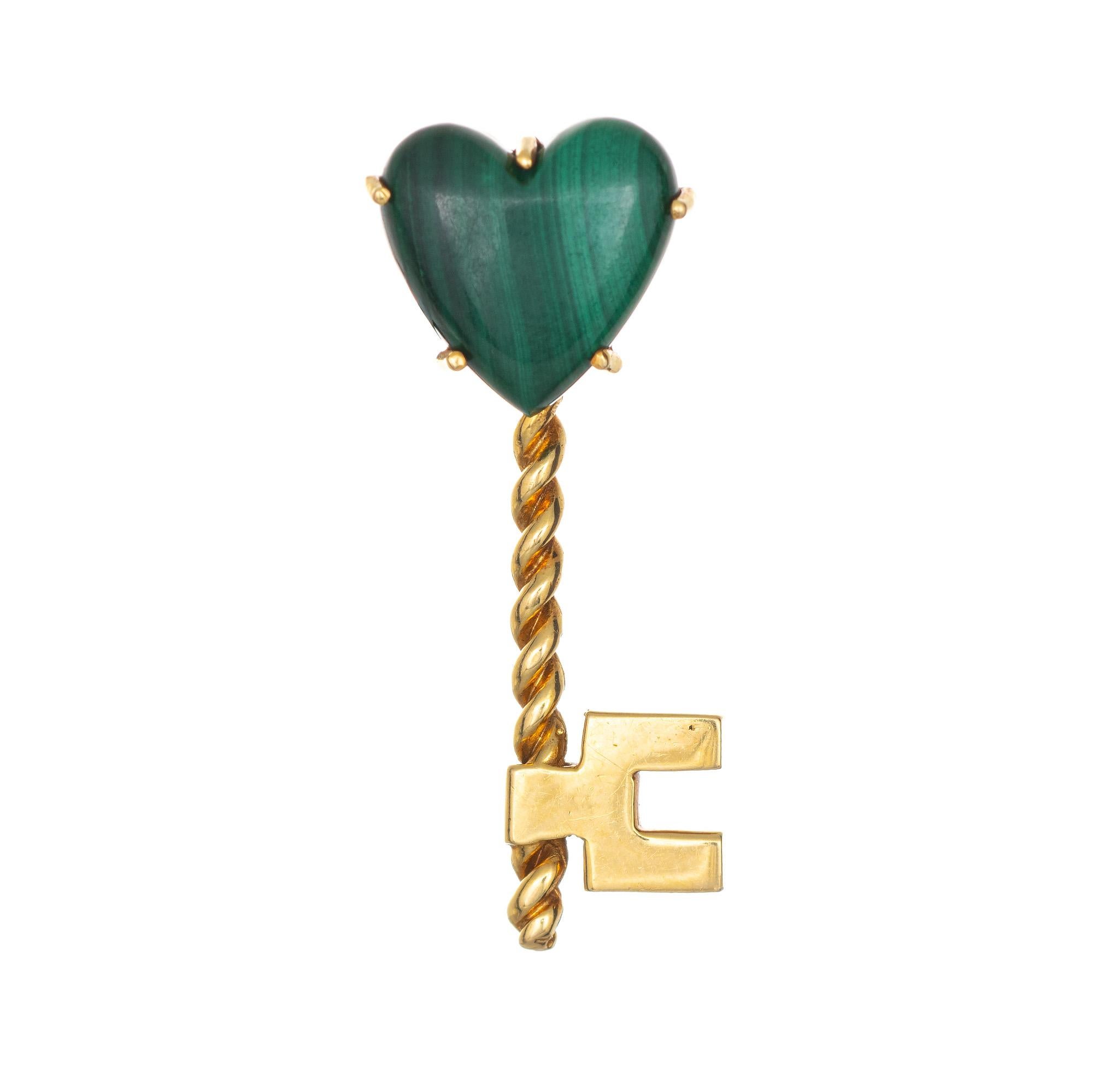 Modern Hammerman Bros Malachite Heart Key Brooch Vintage 18 Karat Yellow Gold Jewelry