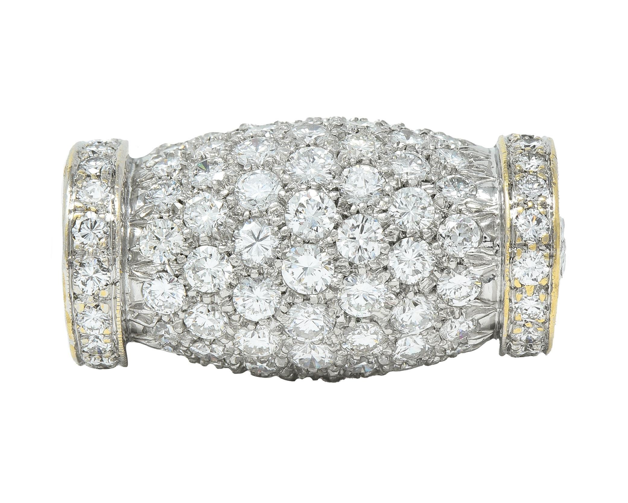 Designed as a domed barrel-shaped form with arching shoulders 
Pavé and bead set throughout with transitional cut diamonds 
Weighing approximately 4.25 carats total - G/H color with VS2 clarity 
Arched shoulders feature linear texture