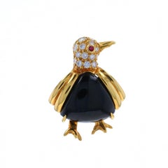 Hammerman Bros Onyx Dia Rubin Vintage Penguin Brosche - Gelbgold 18k .35ctw Pin